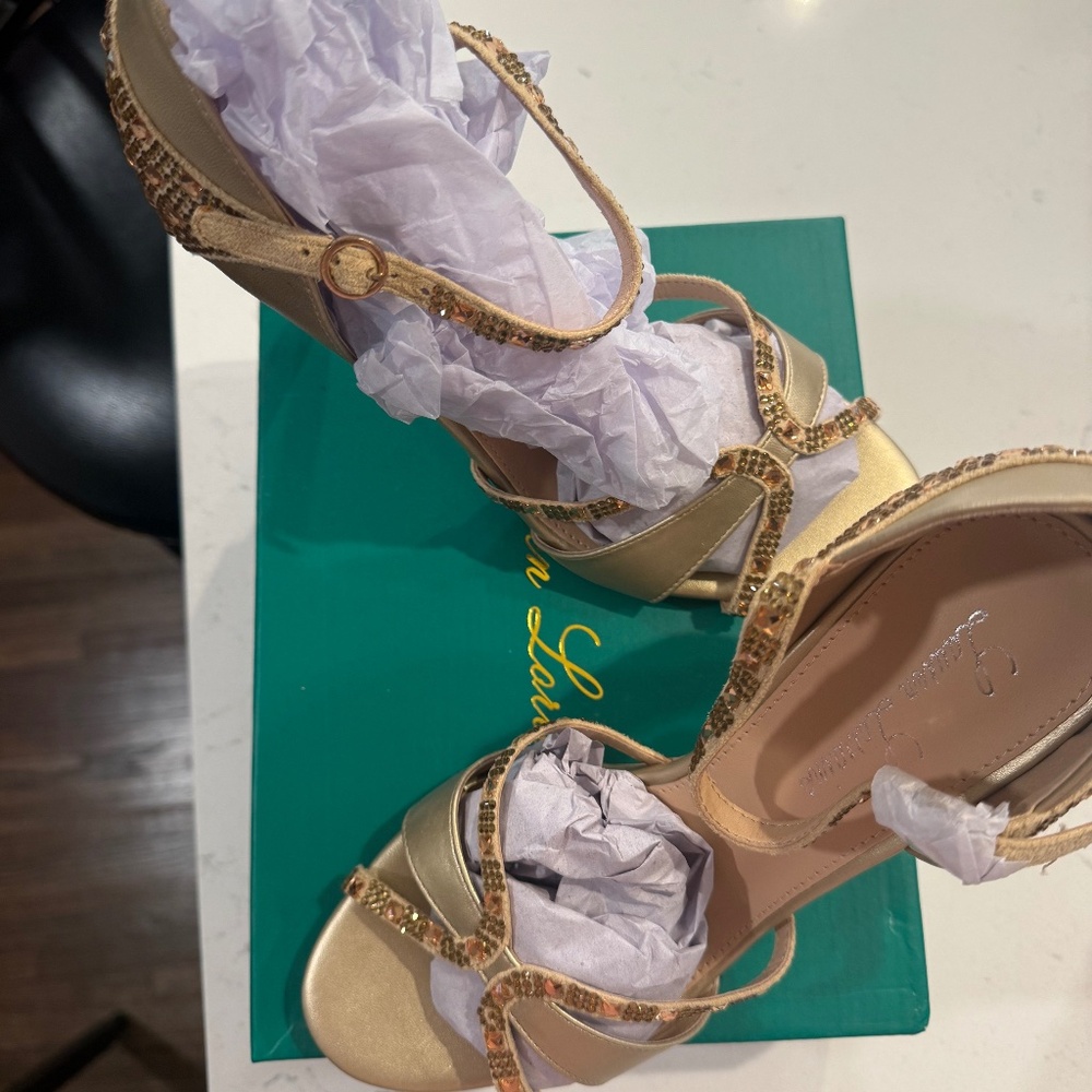 NEW in BOX Lauren Lorraine gold, rhinestone heels